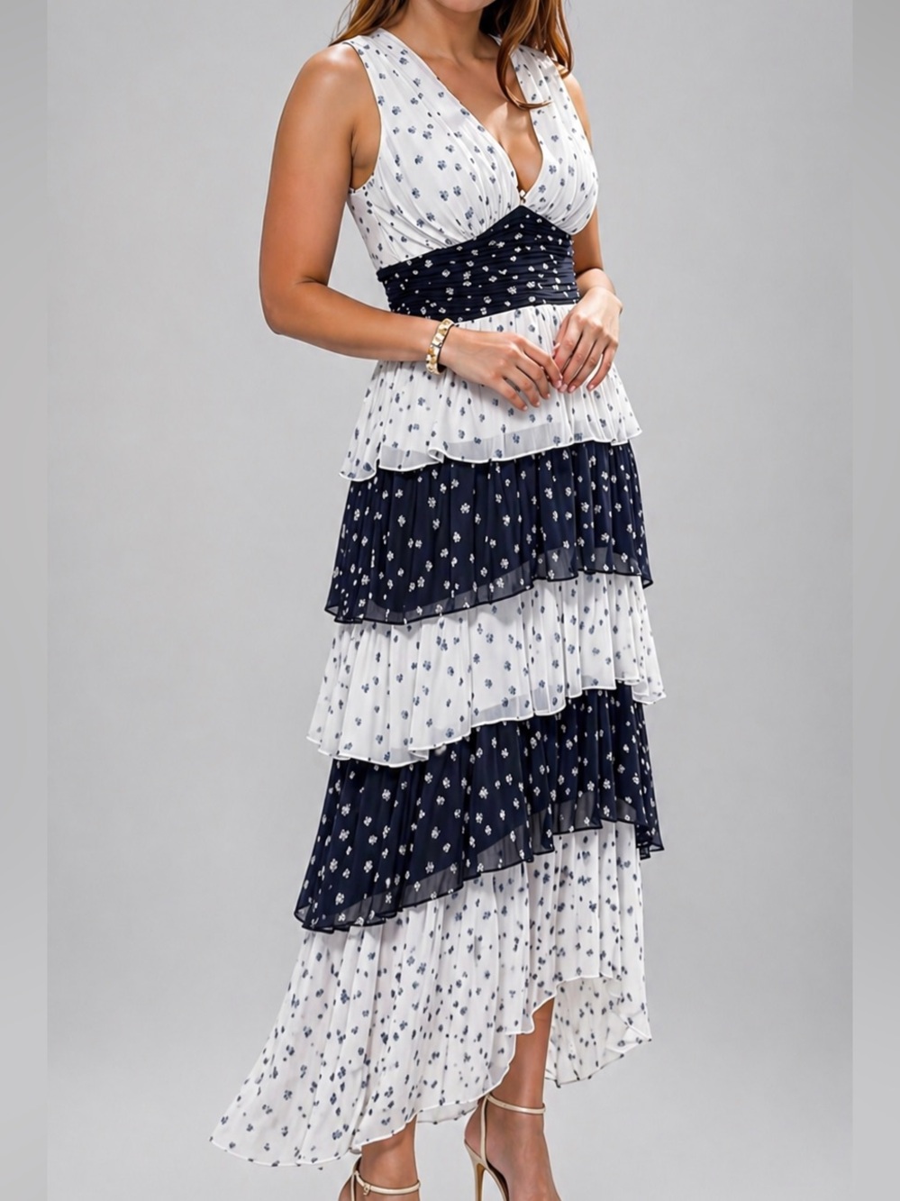 🆕✨ 1.STATE Polka Dot Tiered Maxi Dress Size 14 White Navy Chiffon Casual Party